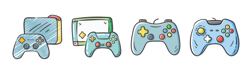Set of four colorful cartoon gaming consoles and controllers on white background © SulaimanIslam