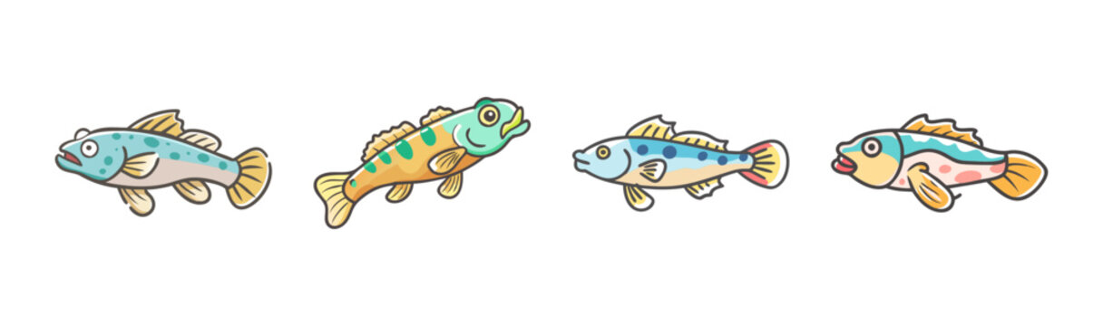 Four colorful cartoon goby fish swimming in water with bubbles