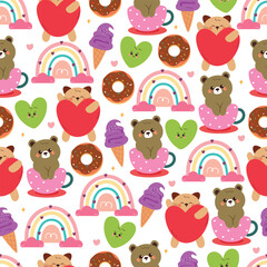Obraz premium seamless pattern cute hand drawn cartoon bear and cat with sky element and dessert. cute pattern background