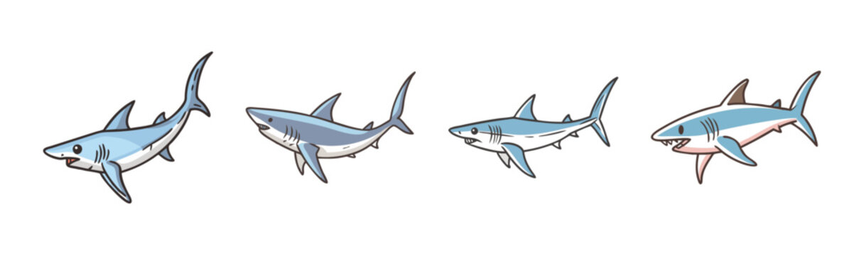 Mako shark icons, predatory marine animals in ocean illustration