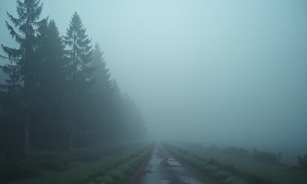 Country road through dark pine forest in thick fog