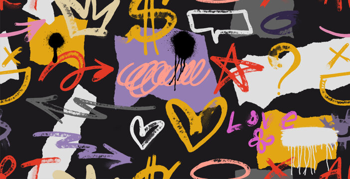 Urban graffiti typography with grunge newspaper pattern, paint elements. Abstract seamless graffiti pattern featuring meaningless letters, hand drawn letters. Grunge newspaper texture mixed, spray.