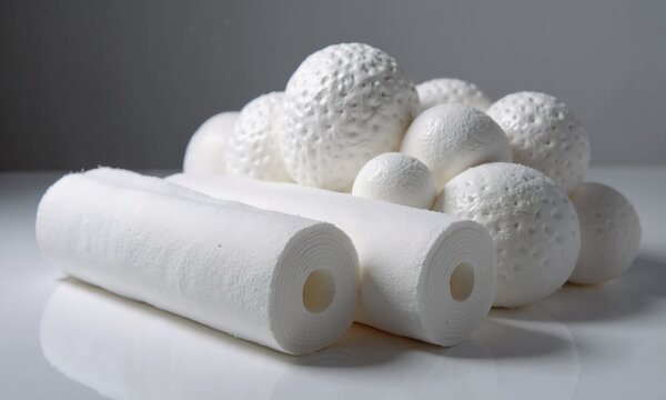 White porous cylinders and spheres on a gray background illustration