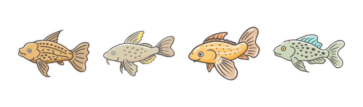 Four cartoon plecostomus or sucker fish with textured scales