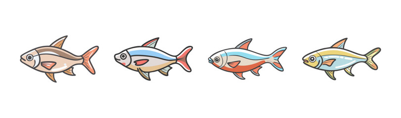 Obraz premium Four colorful rummy nose tetra fish swimming, hand-drawn vector illustration.
