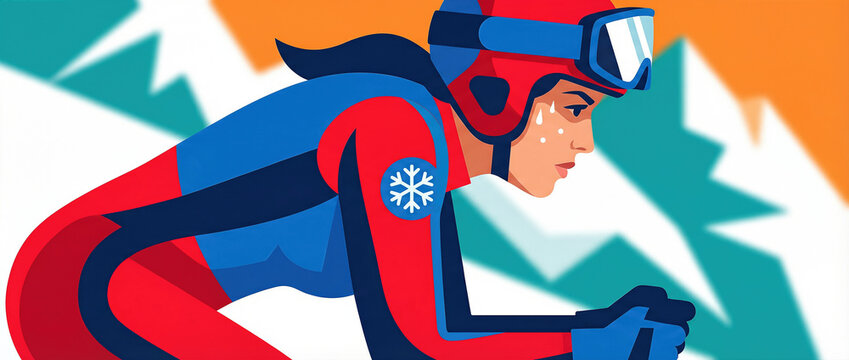 Woman skier racing down snowy mountain slope. Dynamic action pose in red and blue gear with helmet and goggles. Winter adventure sports and extreme skiing thrill concept.