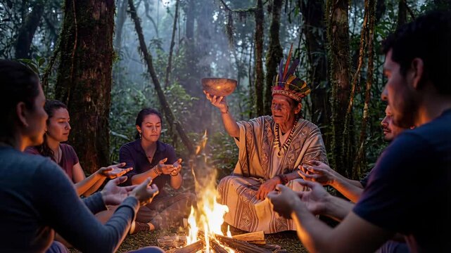 Indigenous leader shares traditions around a fire in a forest at dusk during a cultural ceremony with participants