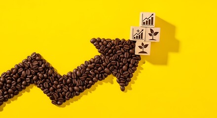 Coffee beans forming upward growth trend with eco friendly icons
