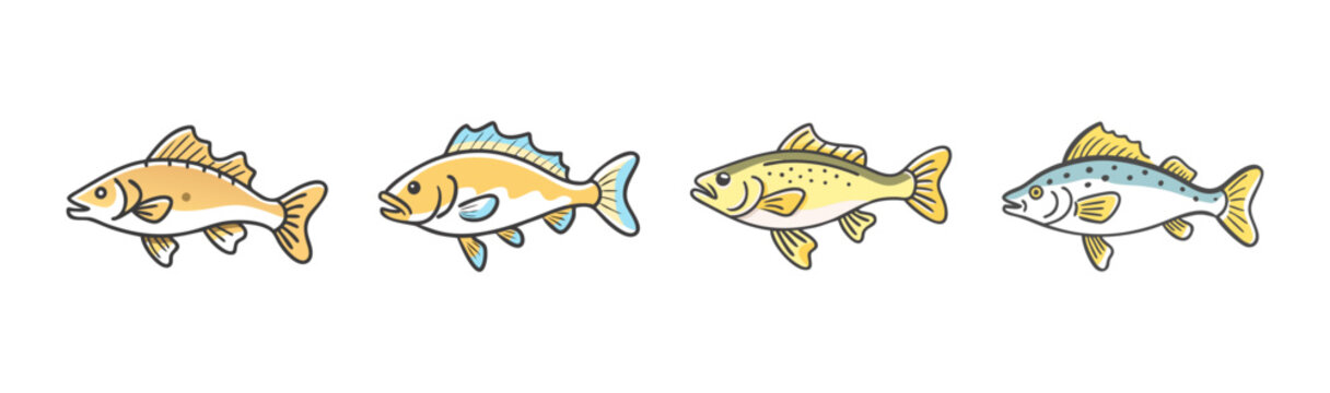Assortment of four cartoon walleye and freshwater fish illustrations for fishing.