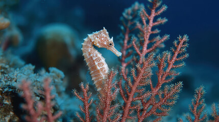 Seahorse clinging to vibrant red coral underwater in ocean marine environment with detailed textures and beautiful aquatic scenery around it swimming slowly.