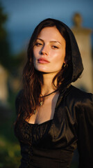 Fototapeta premium hooded postapocalyptic woman in a night graveyard, dark dystopian female figure among tombstones at night, gothic survivor standing in cemetery after apocalypse
