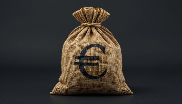A burlap money sack tied with rope, featuring a bold euro symbol on the front, isolated on a dark background, showing fabric texture, finance concept, savings, currency, and wealth