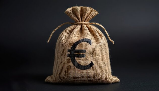 A burlap money sack tied with rope, featuring a bold euro symbol on the front, isolated on a dark background, showing fabric texture, finance concept, savings, currency, and wealth