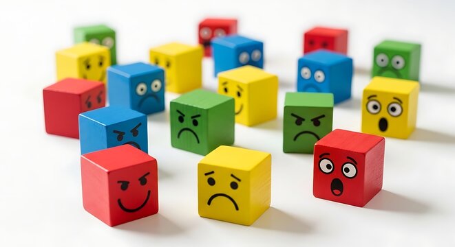 Colorful toy building blocks with expressive cartoon face emotions