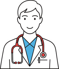 Fototapeta premium Simple illustration of a male doctor wearing a white lab coat and a red stethoscope.