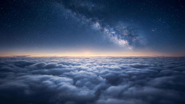 Stars shine above a layer of clouds at night with a view of the Milky Way