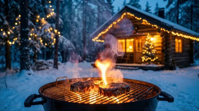 Grilling Juicy Steaks near a Cozy Cabin, Snowy Forest Setting, Festive Atmosphere