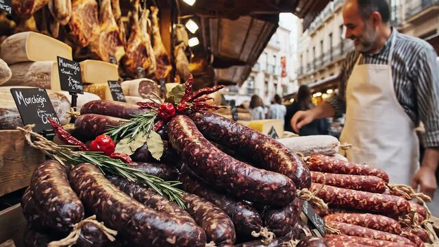 Artisan butcher stall with cured meats and sausages at a European market