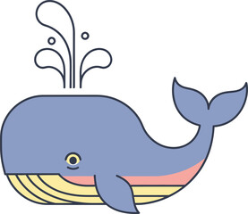 Fototapeta premium Cute blue whale illustration with a water spout on a plain white background in a simple flat style.