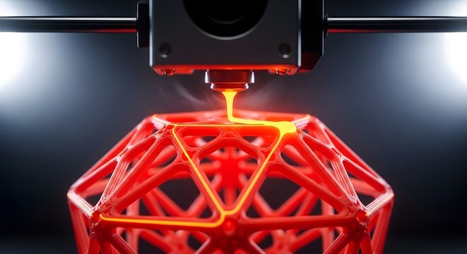 3d printing process creating a red lattice structure with melted plastic
