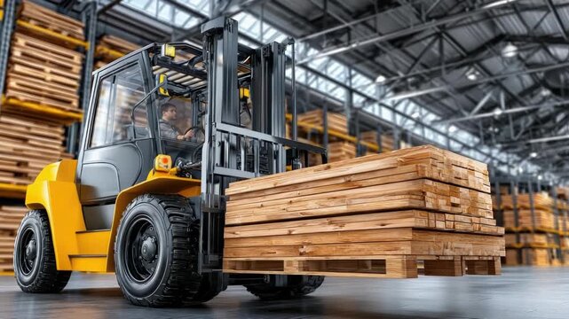 Forklift driver moving a pallet of wooden planks through a lumber warehouse, showcasing industrial machinery and logistics for building material supply and distribution