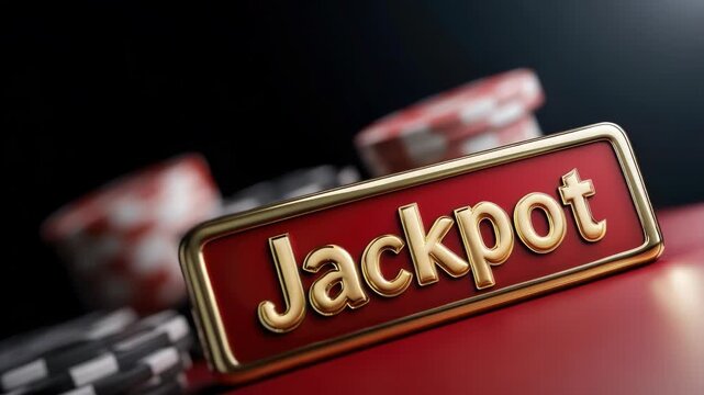 Gleaming jackpot sign on a casino slot machine with flashing lights symbolizing a huge win, gambling addiction, and the thrill of hitting the grand prize in Las Vegas