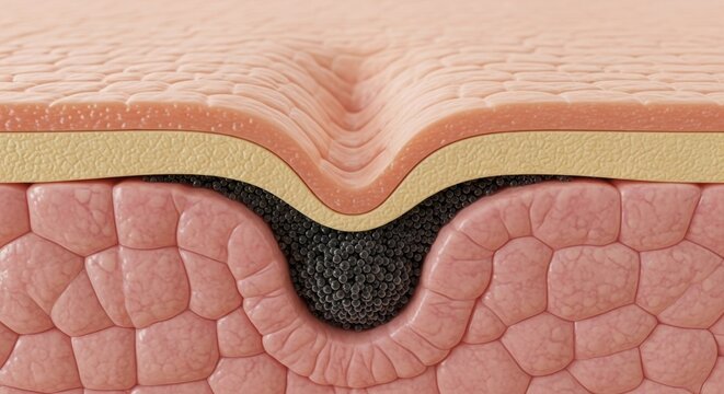 Cross-sectional diagram of an open pore in human skin with sebum accumulation