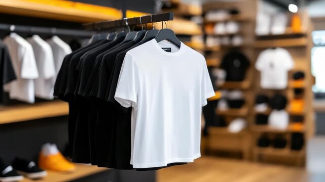 White t shirt mockup hanging on a rack in a clothing store with black tees and a blurred retail background for showcasing a custom design and apparel collection