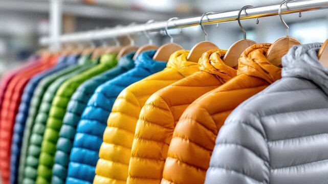 Colorful puffer jackets and warm down coats hanging on a rack in a retail store showcasing the new winter collection for sale, representing fashion, warmth, and choice