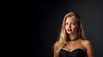 Fototapeta premium elegant blonde woman in black evening gown at prom, nordic fashion portrait with studio lighting, formal prom night beauty editorial