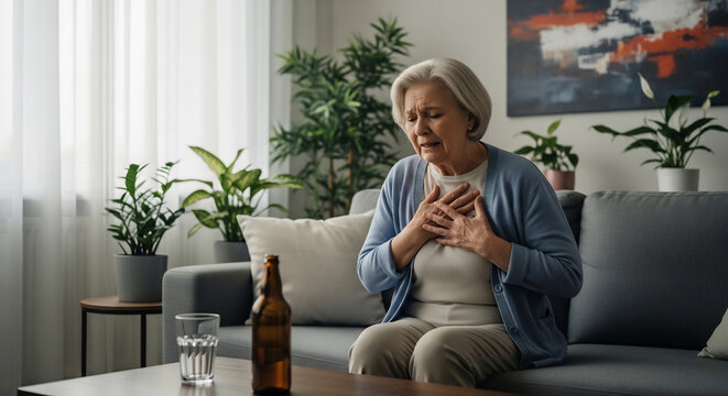 Senior Woman Feels Heart Pain On Sofa Sadly