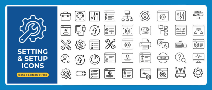 Settings and Configuration Outline Vector Icon Set &mdash; Editable Stroke Line Icons for Web and App UI