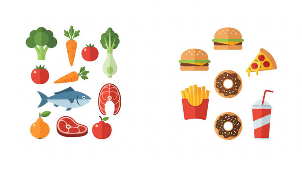 Healthy and Junk Food Comparison Flat Vector Icon Illustration Concept