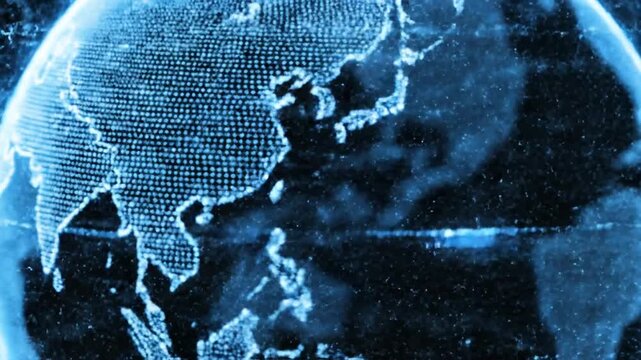Blue digital Earth globe with binary code background