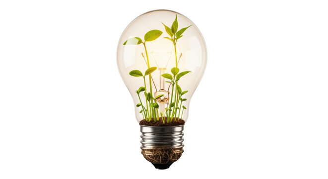 Lightbulb with seedlings growing green energy concept idea and sustainability innovation isolated on transparent background