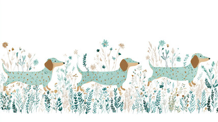 Naklejka premium Three Dachshunds Running Through a Lush Meadow