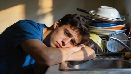 Fototapeta premium A man is laying down on a kitchen counter next to a sink full of dishes. He looks sad and tired