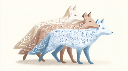 Fototapeta premium Two foxes walking together in a forest with leaf pattern