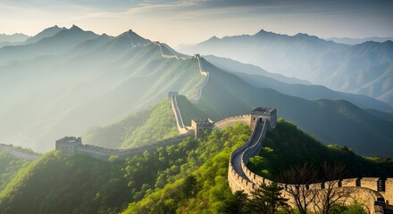 The great wall of china snaking through misty mountains and lush greenery