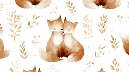 Fototapeta premium Two Foxes Sitting Together in Watercolor Style
