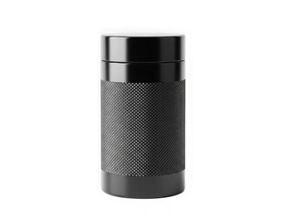 Modern black cylindrical container with textured grip pattern isolated on transparent background transparent background