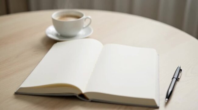Video tangan membuka halaman buku kosong di atas meja kayu dengan secangkir kopi dan pulpen. Konsep menulis, membaca, pendidikan, kreativitas, pagi hari, dan produktivitas. Cocok untuk konten literasi