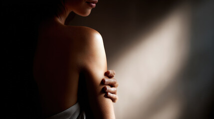 Obraz premium Woman with arms crossed in soft lighting