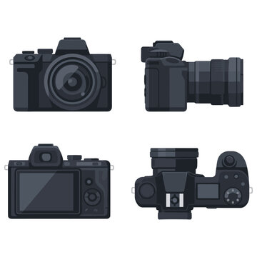 Four views of a modern digital single-lens reflex camera with interchangeable lenses
