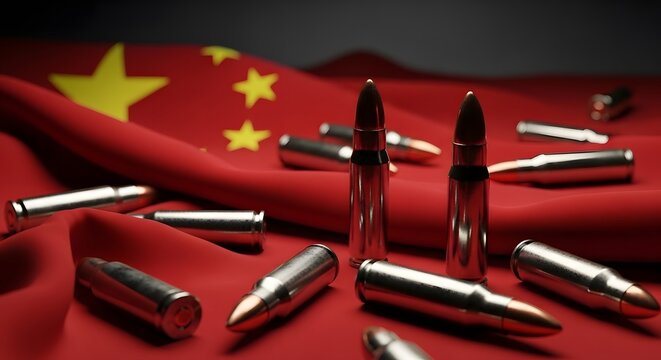 Ammunition rounds and spent bullet casings on the Chinese national flag. Concept of military power, defense, and conflict