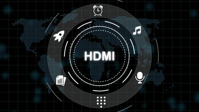 HDMI Technology Concept with Futuristic Interface and Multimedia on Dark Background HDMI