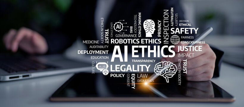 This image showcases the key concepts surrounding artificial intelligence ethics, highlighting themes of safety, legality, transparency, and social impact in modern society. Tessel