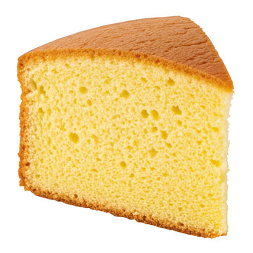 A slice of yellow cake on a white background
