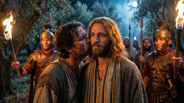 Biblical scene of the betrayal and arrest of Jesus, depicting Judas' kiss