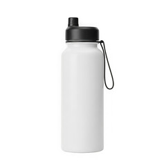 White sports water bottle with black lid and handle isolated transparent background